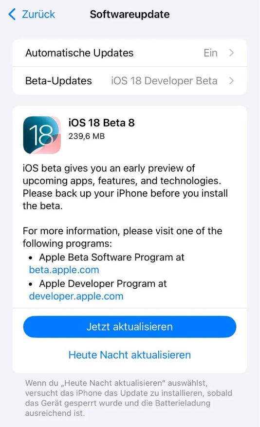 东兰苹果手机维修分享苹果 iOS / iPadOS 18 开发者预览版 Beta 8 发布 